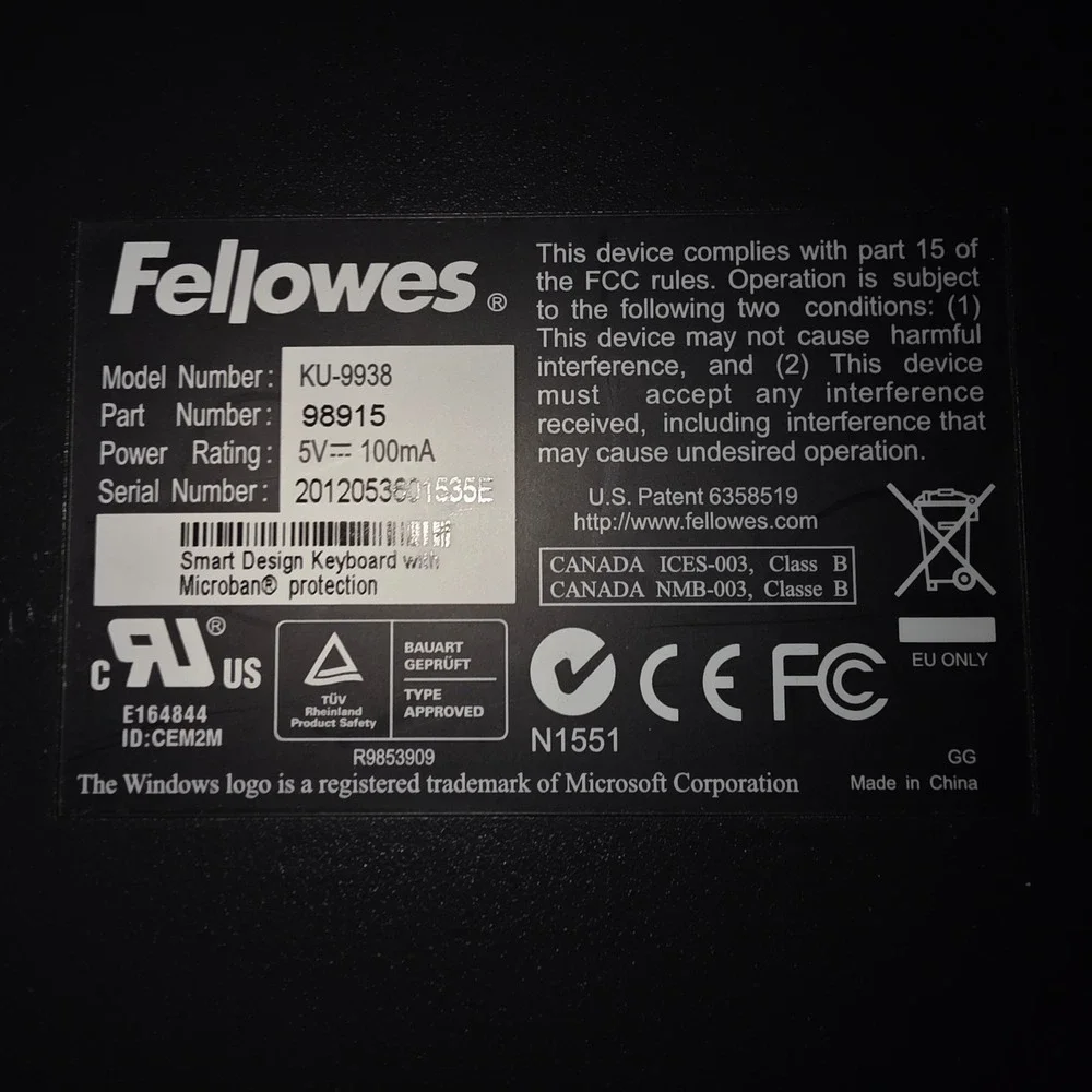 Fellowes Microban Split‎ Ergonomic Wired USB Keyboard KU-9938 Gray Black 98915